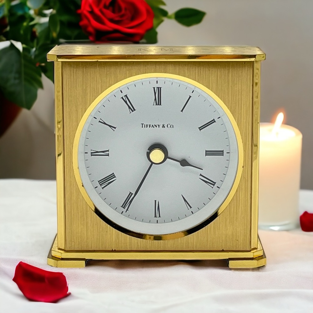 Vintage MCM Tiffany & Co Luxury Gold Tone Table Desk Portfolio Mantle Clock